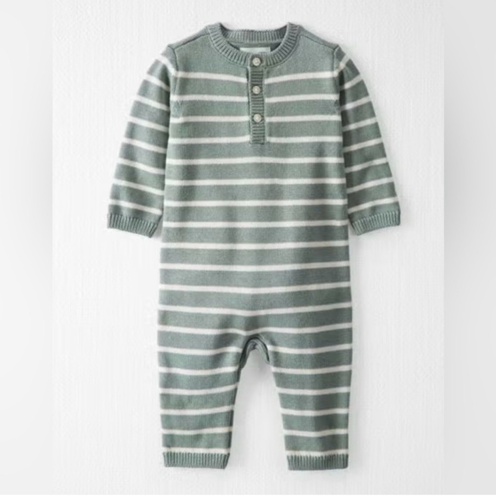 Little Planet Striped Sage Green and White Organic Cotton Knit Jumpsuit 3M